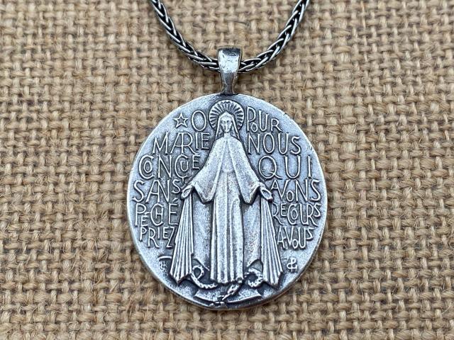 Sterling Silver French Miraculous Medal Pendant Necklace, Antique Replica, Large Miraculous Medallion, Big Blessed Virgin Mary Pendant, MM1