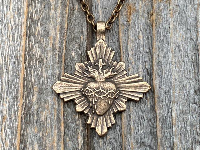 Bronze Sacred Heart Pendant and Necklace, French Antique Replica, Radiant Sacred Heart Medal, Large Sacred Heart of Jesus Pendant, Stunning!