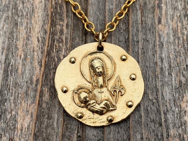 Large Gold Mary and Baby Jesus Medal Pendant Necklace, French Artist Elie Pellegrin, French Antique Replica, Fleur de Lis, Blessed Mother