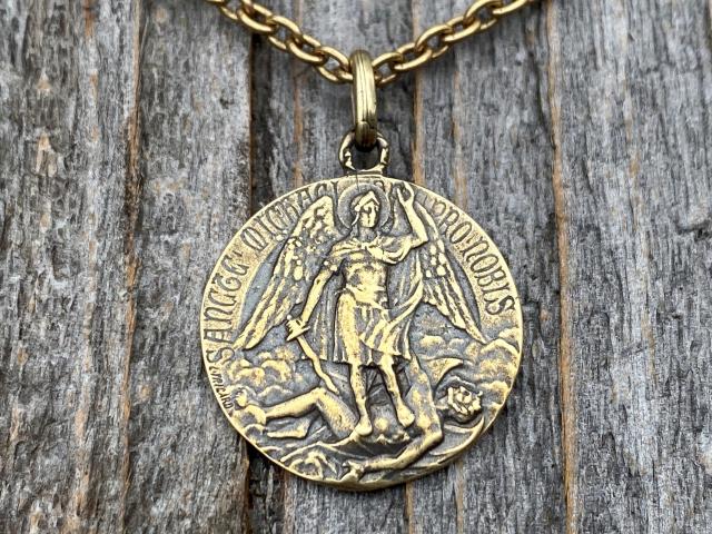 Antique Gold St Michael Medal Pendant Necklace, Rare French Antique Replica, Artist Louis Tricard, Ora Pro Nobis, Saint Michael Pray for Us