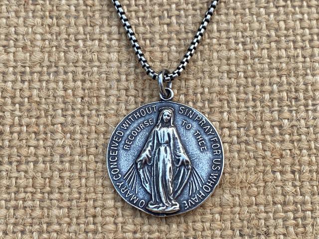 Sterling Silver Round Miraculous Medal Pendant Necklace, Antique Replica Circle Medallion, O Mary Conceived Without Sin Pray for Us, MM2