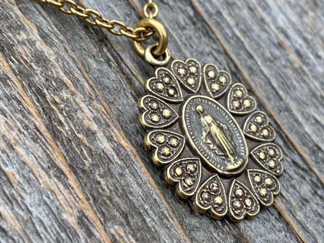 Antique Gold Miraculous Medal Pendant Necklace, Antique Replica, Blessed Virgin Mary Medal, Our Lady of Miracles, Immaculate Virgin Mary MM5