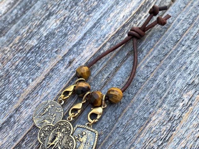 Leather Loop with Yellow Tigereye Gemstones and Lobster Clasps to Attach Antique Gold Medals, Crosses and Crucifixes, Keychain for Medals