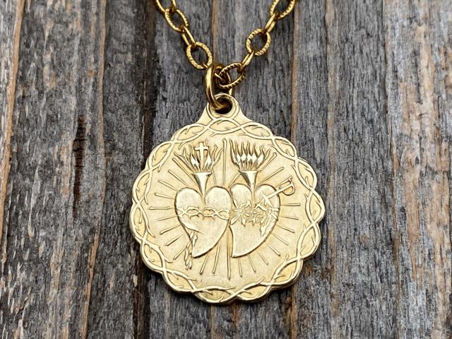 Gold Sacred Heart of Jesus and Immaculate Heart of Mary Medal Pendant Necklace, Antique Replica, Twin Hearts Medal Pendant, Catholic Medal