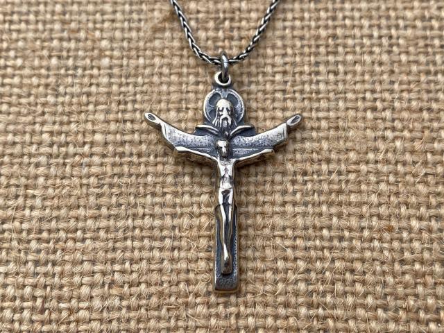 Sterling Silver Trinity Crucifix Pendant Necklace, Antique Replica, Father Son and Holy Spirit 3-in-1 Crucifix, Latin "A HERI HODIE SEMPER"