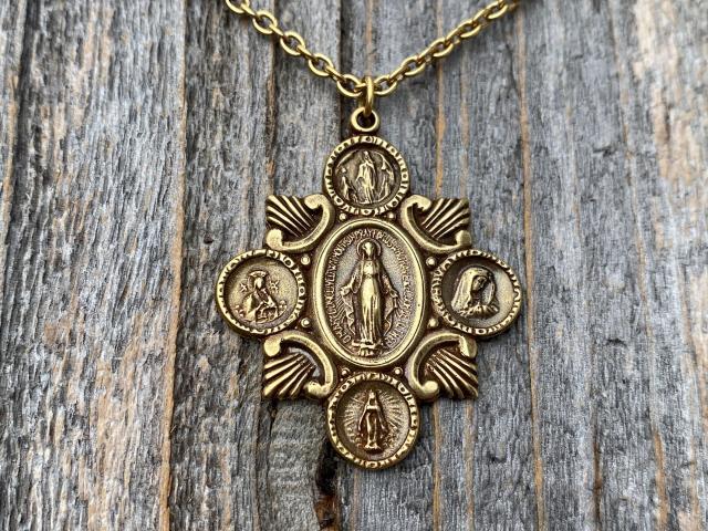 Antique Gold Miraculous Medal Pendant Necklace, 5-Way Marian Devotions Medallion, Antique Replica, Rare Blessed Virgin Mary Miraculous