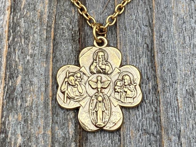 Antique Gold Shamrock 4-Way Medal Pendant Necklace, Antique Replica, Miraculous Medal, Holy Spirit Dove, Sacred Heart of Jesus, St Joseph