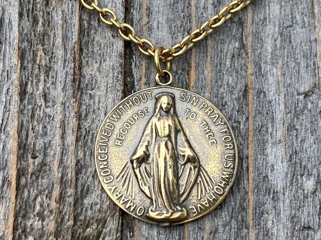 Antique Gold Round Miraculous Medal Pendant Necklace, Antique Replica, Miraculous Medallion, Blessed Virgin Mary Pendant, Lady of Grace, MM2