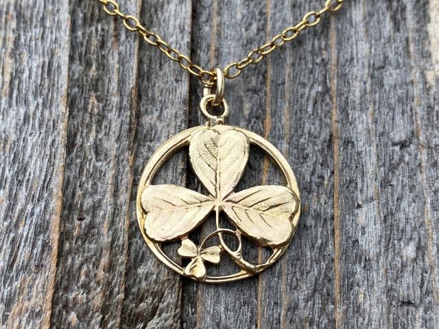 Gold Shamrock Pendant Necklace, Saint Patrick Doctrine of Trinity Medal, Antique Replica, Holy Trinity Medal, Irish Catholic Gift Necklace