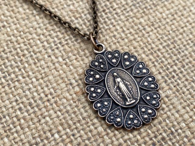 Bronze Miraculous Medal Pendant Necklace, Heart Border, Antique Replica, Blessed Virgin Mary Medallion, Immaculate Virgin Mary Pendant, MM5