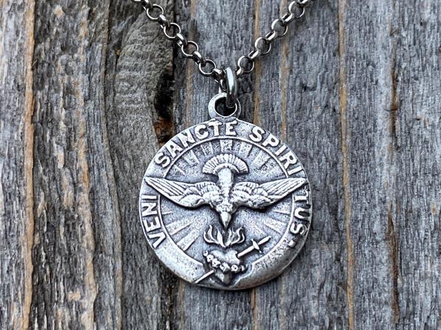 Sterling Silver Come Holy Ghost Medal, Holy Spirit Pendant Necklace, Antique Replica, Sacred Heart of Jesus, Veni Sancte Spiritus, VSS-1