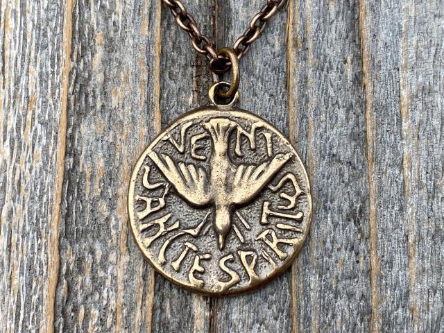 Bronze Holy Spirit Dove Pendant, Antique Replica, Latin Veni Sancte Spiritus Medal, from Argentina, Holy Ghost Necklace, Come Holy Spirit