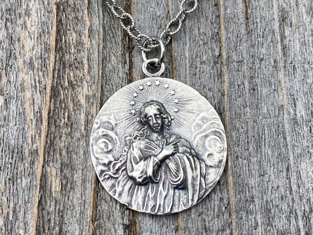 Sterling Silver Assumption of Mary Medal Pendant Necklace, French Antique Replica, Mary with Star Halo Pendant, Gorgeous Our Lady Pendant