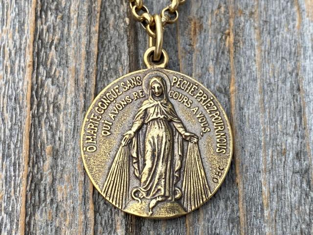 Antique Gold Large French Miraculous Medal, Antique Replica, Big Round Miraculous Medal, Gold Miraculous Pendant Necklace, by OBC, France
