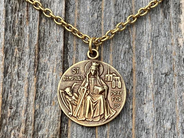 Antique Gold St. Dymphna Medal, Saint Dymphna Pendant, St Dymphna Necklace, Antique Replica, Patron Saint of Anxiety, Saint of Dementia