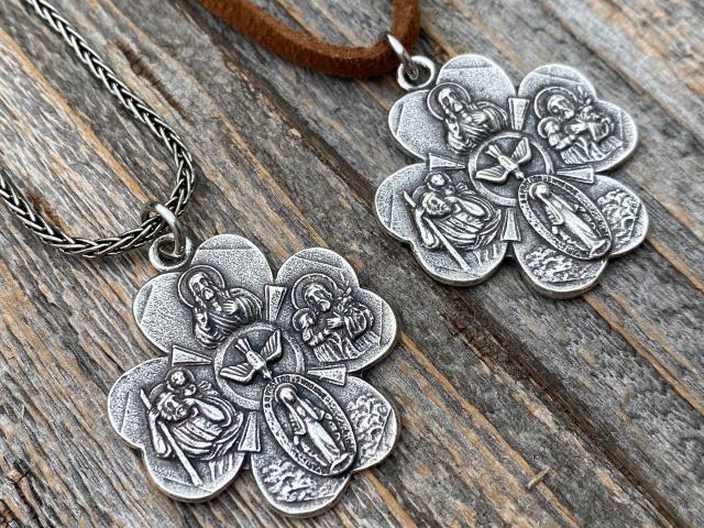 Sterling Silver Large Shamrock 4-Way Medal Pendant Necklace, Antique Replica, 5-Way Medal, Miraculous Medal, Sacred Heart of Jesus Medal