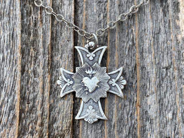 Sterling Silver Sacred Heart of Jesus Cross Medal Pendant Necklace, Antique Replica, Consecration to the Sacred Heart, Sacred Heart Devotion