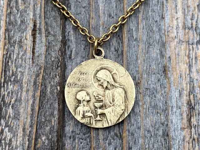 Antique Gold First Communion Medal Pendant Necklace, Antique Replica, 1st Communion Necklace, Eucharist Necklace, First Communion Jewelry