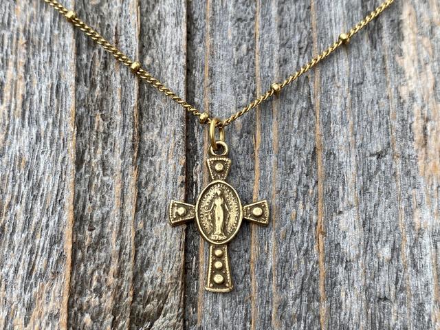 Antique Gold Miraculous Medal Cross Pendant on Satellite Chain Necklace, Antique Replica, Blessed Virgin Mary, Small Miraculous Medal Cross
