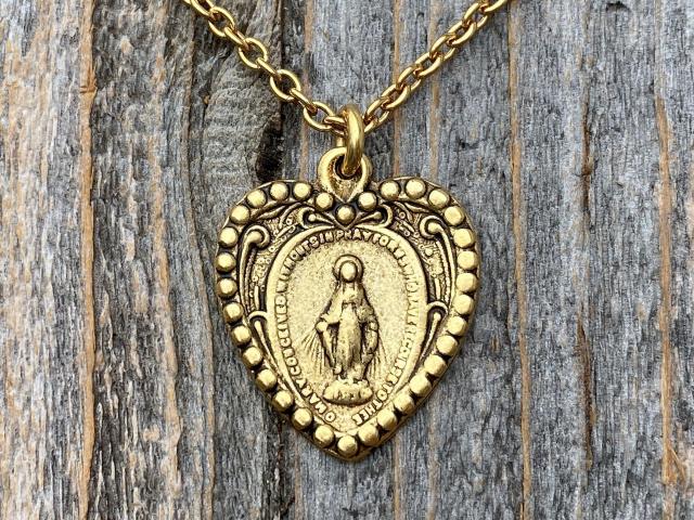 Antique Gold Heart Shaped Miraculous Medal Pendant Necklace, Antique Replica, Heart Miraculous Medal, Blessed Virgin Mary Pendant M4