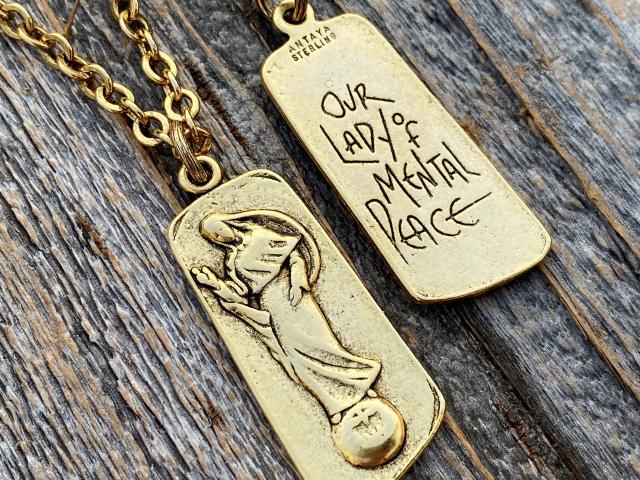 Antique Gold Plated Our Lady of Mental Peace Pendant Necklace, Gold Blessed Virgin Mary Pendant, Antique Replica, Blessed Virgin Mary Medal