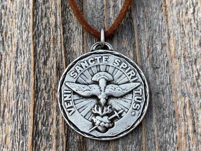 Large Silver Pewter Come Holy Ghost Medal Pendant Necklace, Latin Antique Replica, Veni Sancte Spiritus Medal, Sacred Heart of Jesus Medal