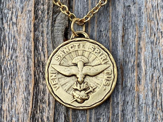 Large Antique Gold Plated Come Holy Spirit Medal Pendant Necklace, Latin Antique Replica, Veni Sancte Spiritus Medal, Sacred Heart of Jesus