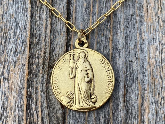 Antique Gold Plated St Benedict Medal Pendant Necklace, French Antique Replica, Rare Saint Benedict Medal, Benedict of Nursia OSB, Benoit