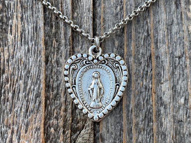 Silver Plated Heart Shaped Miraculous Medal Pendant Necklace, Antique Replica, Blessed Virgin Mary Pendant, Rare Unusual Miraculous Medal M4