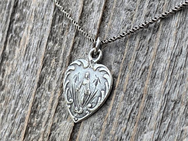 Sterling Silver Dainty Blessed Virgin Mary Heart Pendant Necklace, French 19th Century Antique Replica, Small Our Lady Medallion, France, H3