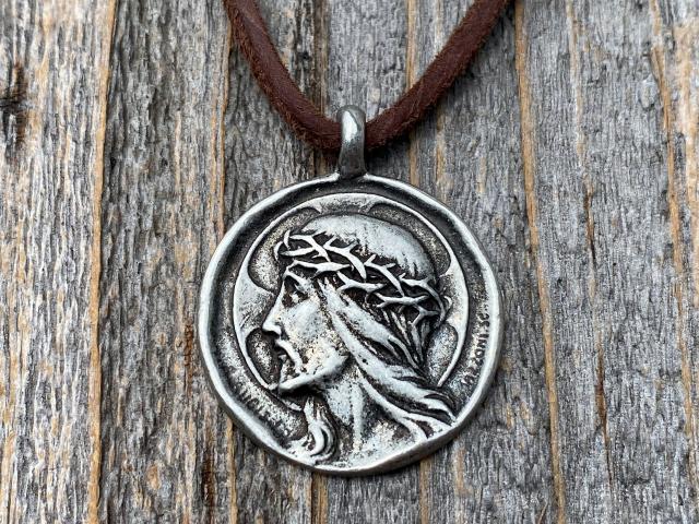 Silver Pewter Crowned Jesus Medal Pendant Necklace, French Antique Replica, By artist Augis & Mazzoni, Rare Jesus Christ Pendant from France