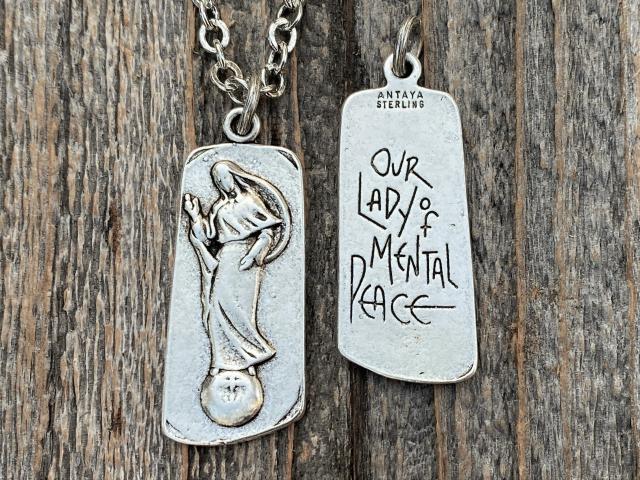 Silver Plated Our Lady of Mental Peace Pendant Necklace, Silver Blessed Virgin Mary Medal Pendant, Antique Replica, Anxiety Stress Comfort