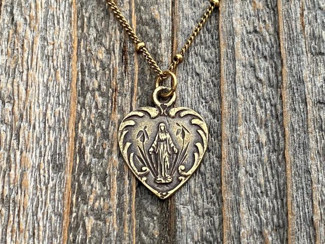 Antique Gold Dainty Blessed Virgin Mary Heart Pendant Necklace, French 19th Century Antique Replica, Small Our Lady Medallion from France H3