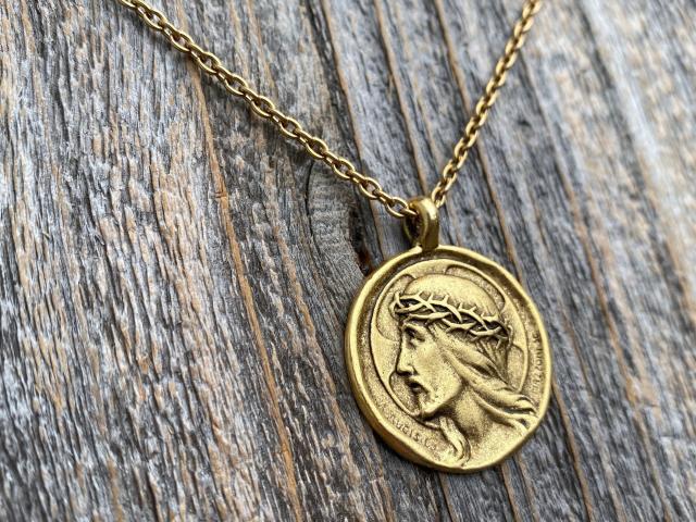 Antique Gold Plated Crowned Jesus Medal Pendant Necklace, Antique Replica, By French Artist Augis & Mazzoni, Rare Christ Pendant from France