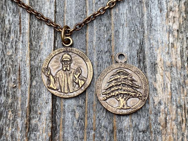 Bronze St Charbel Makhlouf Medal Pendant Necklace, Antique Replica, Rare Saint Sharbel Charm, Lebanese Saint, Miraculous Healing Intercessor