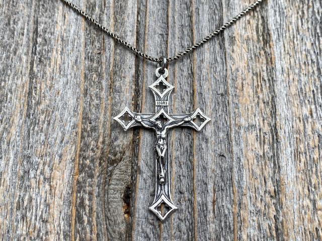 Sterling Silver Baroque Crucifix, Antique Replica, From Rome, From Holy See, Crucifix Pendant Necklace, Large Sterling Silver Crucifix Cross