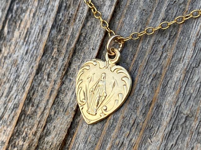 Shiny Gold Dainty Blessed Virgin Mary Heart Pendant Necklace, French 19th Century Antique Replica, Small Our Lady Medallion from France H3