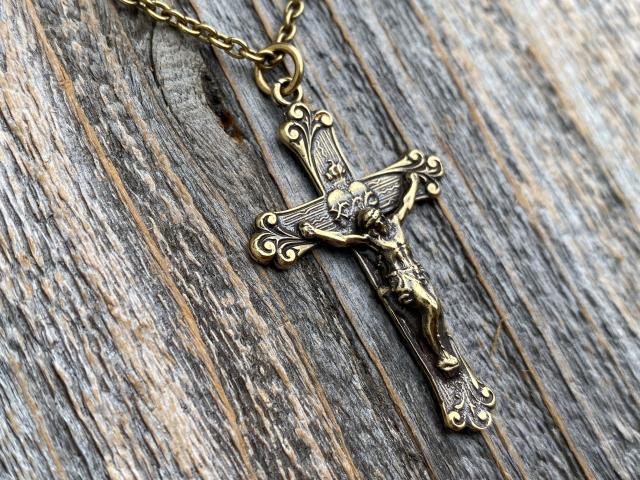 Antique Gold Sacred Heart of Jesus Crucifix, Pendant Necklace, Antique Replica, Large Gold Crucifix, Big Gold Sacred Heart Pendant Medallion