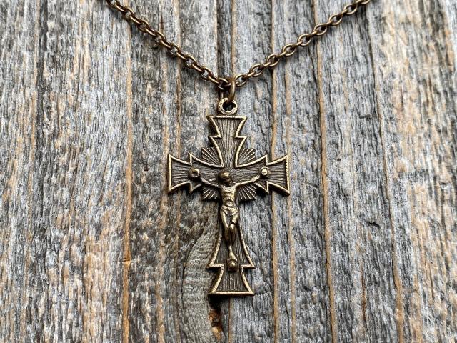 Bronze Radiant Art Deco Crucifix Pendant, Antique Replica, Crucified Christ on Chain Necklace, Large Bronze Crucifix, Unisex Crucifix Cross