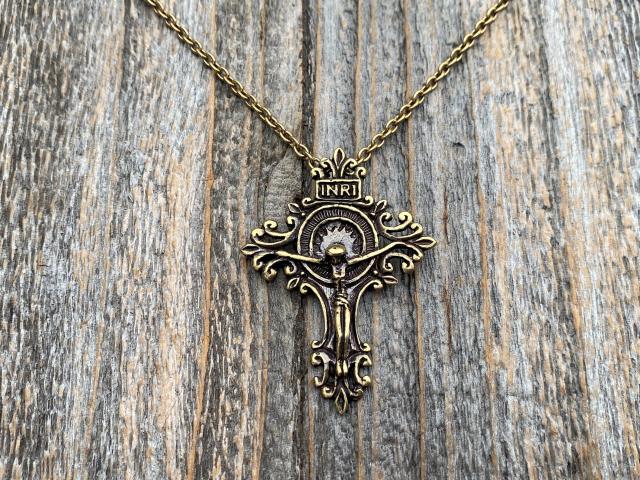 Antiqued Gold Artisan Crucifix, Antique Replica, Pendant on Necklace, Large and Elegant Radiant Crucifix, Bail on Backside, Jesus on Cross