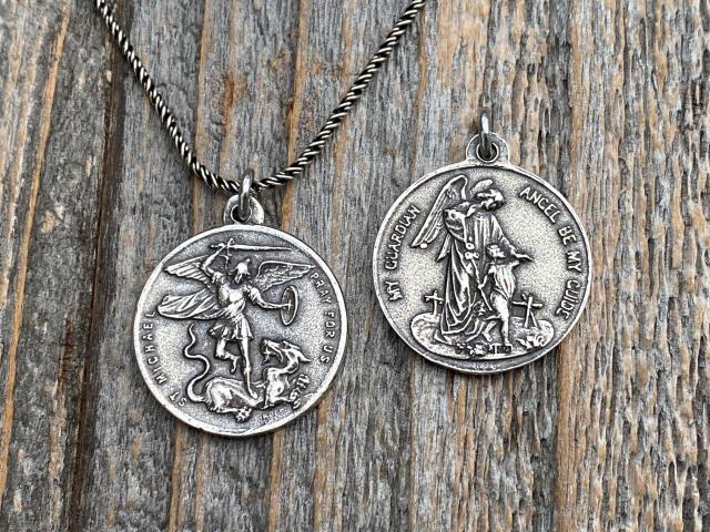 Sterling Silver St Michael the Archangel & GuardianAngel Medal Pendant on Necklace, Antique Replica Rare Two-Sided Protection Medallion, M3