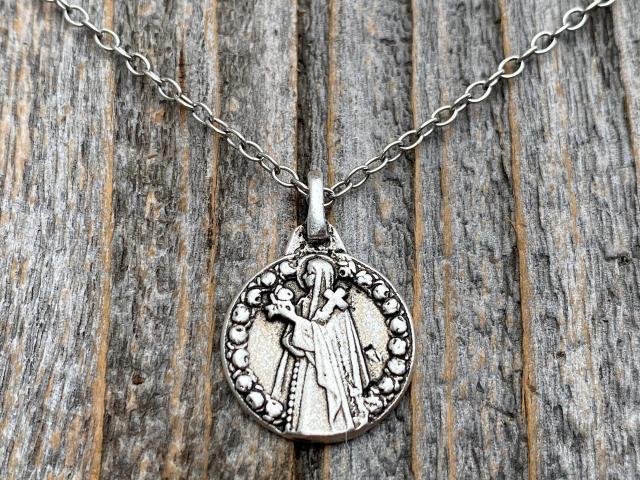 Small Silver St Thérèse of Lisieux Medal Pendant on Necklace, Antique Replica of Rare St Theresa of the Child Jesus Medallion by Artist PY