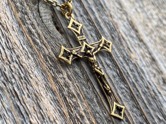 Antiqued Gold Baroque Crucifix, Antique Replica, From Rome Holy See, Pendant on Necklace, Large Crucifix Cross with Open Quattrefoil Ends