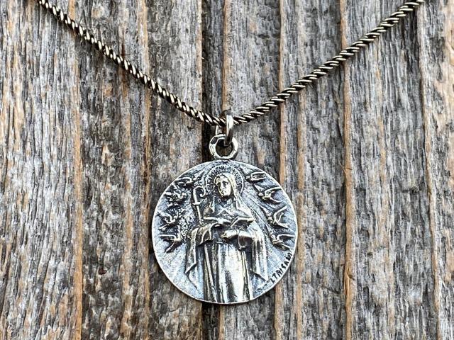 Fertility Saint Colette of Corbie Sterling Silver Medal and Necklace, By French Artist Tricard, Antique Replica, Patron Saint of Fertility