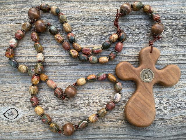 Palm Cross Large Rosary, with Bronze Christ Medallion, Antique Replica Bronze Beads & Cherry Creek Jasper Nugget Gemstones, One of a Kind