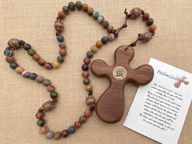 Walnut ByRon Palm Cross with Face of Christ Medallion Large Rosary, with Bronze Antique Replica Beads & Red Cherry Creek Jasper Gemstones