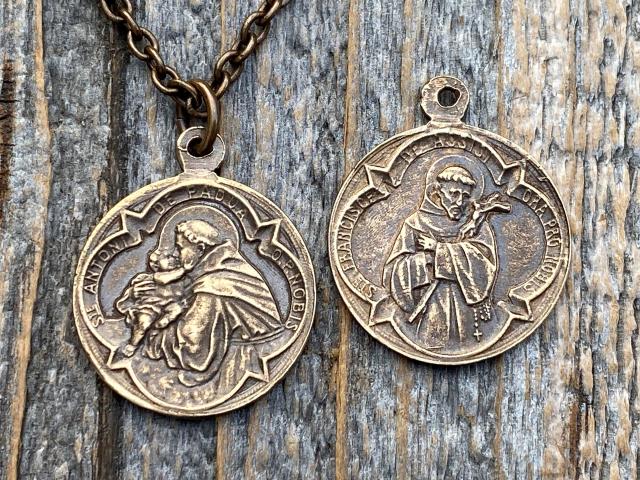 Bronze Saint Anthony of Padua Medallion & Necklace, Antique Replica of Rare French Latin Medal, Two-Sided Pendant with St Francis of Assisi