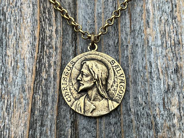 Antique Gold Jesus Christ Medallion Pendant, French Antique Replica, Signed by Louis Tricard, Latin Christus Salvator - Christ the Savior
