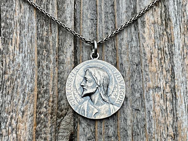 Sterling Silver Jesus Christ Medallion Pendant, French Antique Replica, Signed by Louis Tricard, Latin Christus Salvator - Christ the Savior