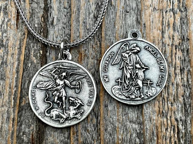 Sterling Silver St Michael the Archangel & GuardianAngel Medal Pendant on Necklace, Antique Replica Rare Two-Sided Protection Medallion, M3